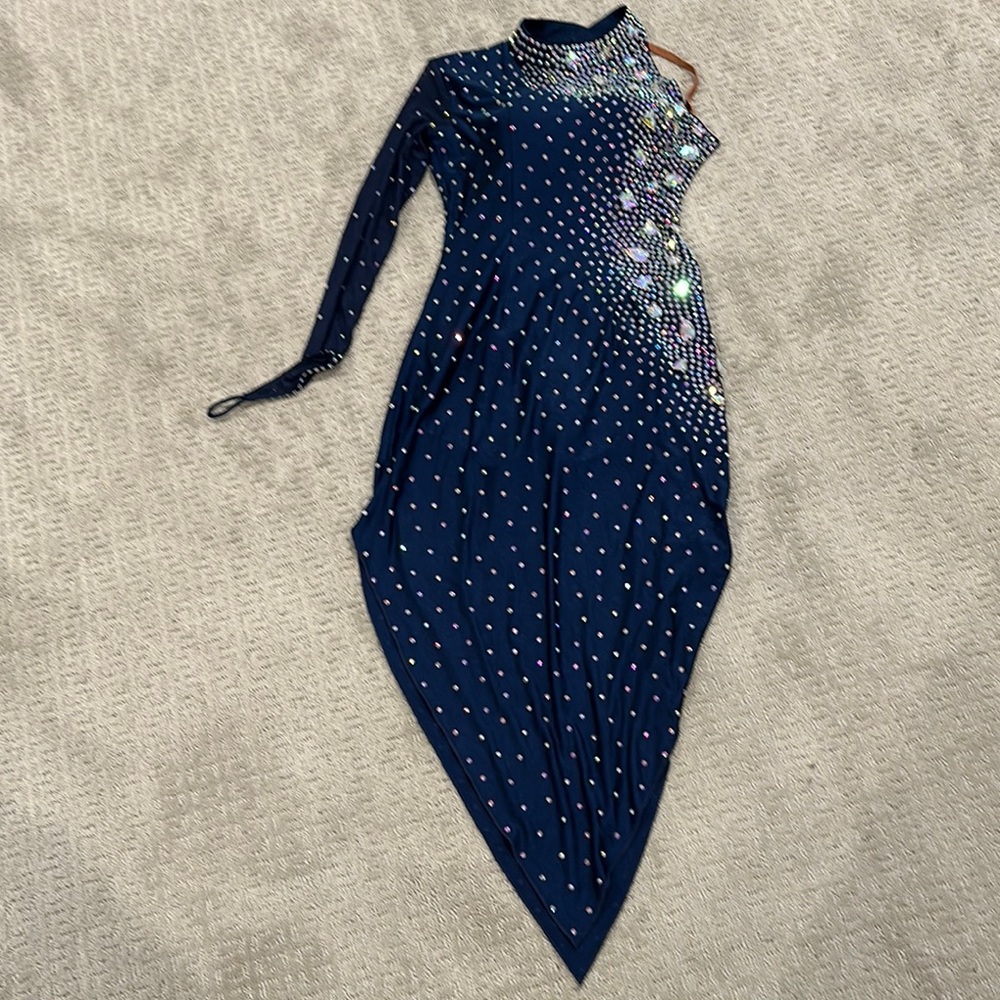 Navy Blue Latin/Rhythm Dance Dress with Rhinestone Detailing